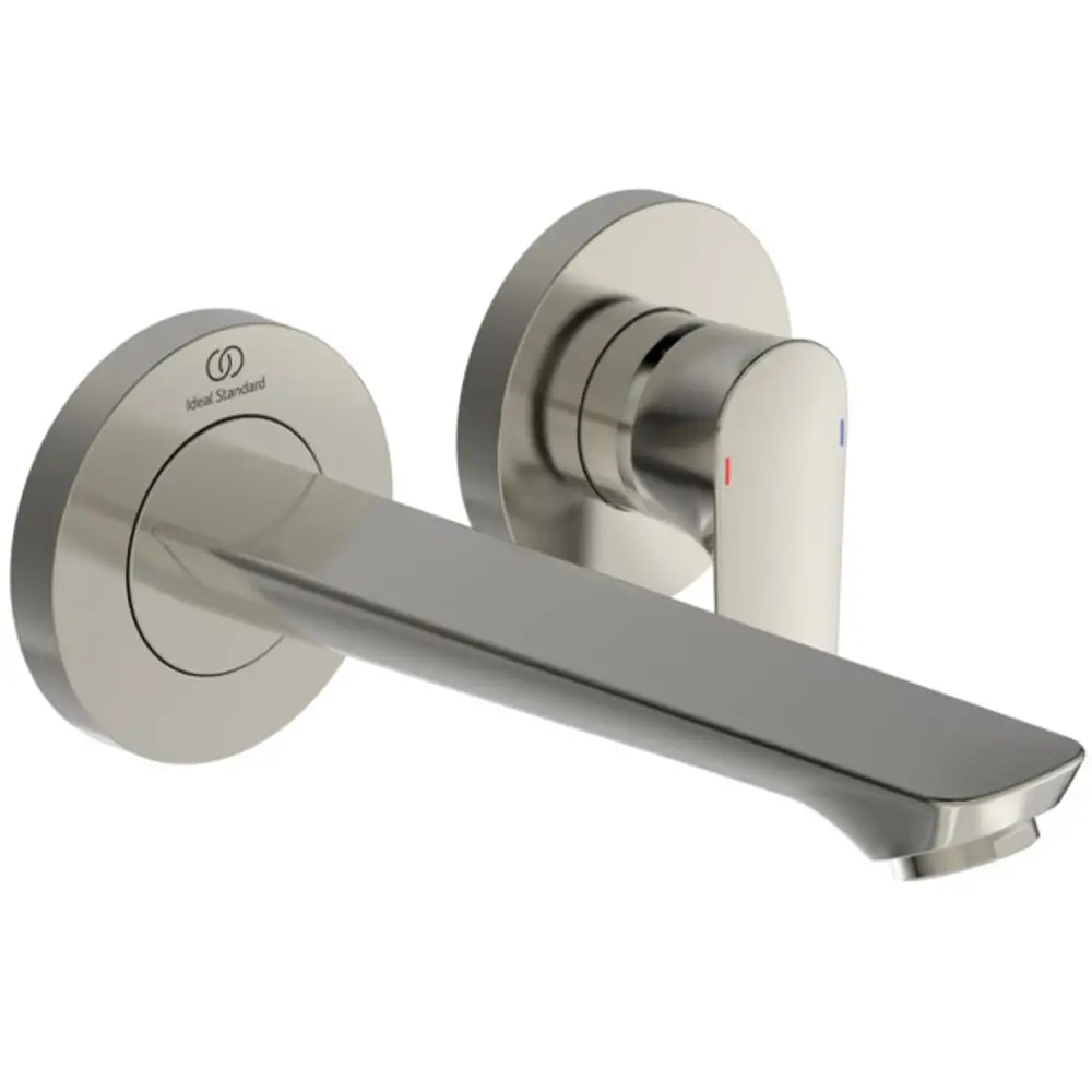 Wandarmatur aus Edelstahl von Ideal Standard mit griffigem Hebel und herauslaufendem Wasserhahn, geeignet für eine moderne Badezimmerinstallation.